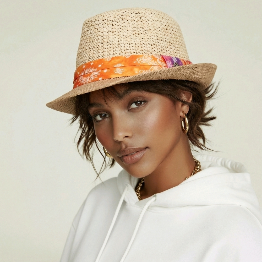 🆕️👒NEUTRAL WARM COLOURED PAISLEY-ACCENT FEDORA SUN HAT👒